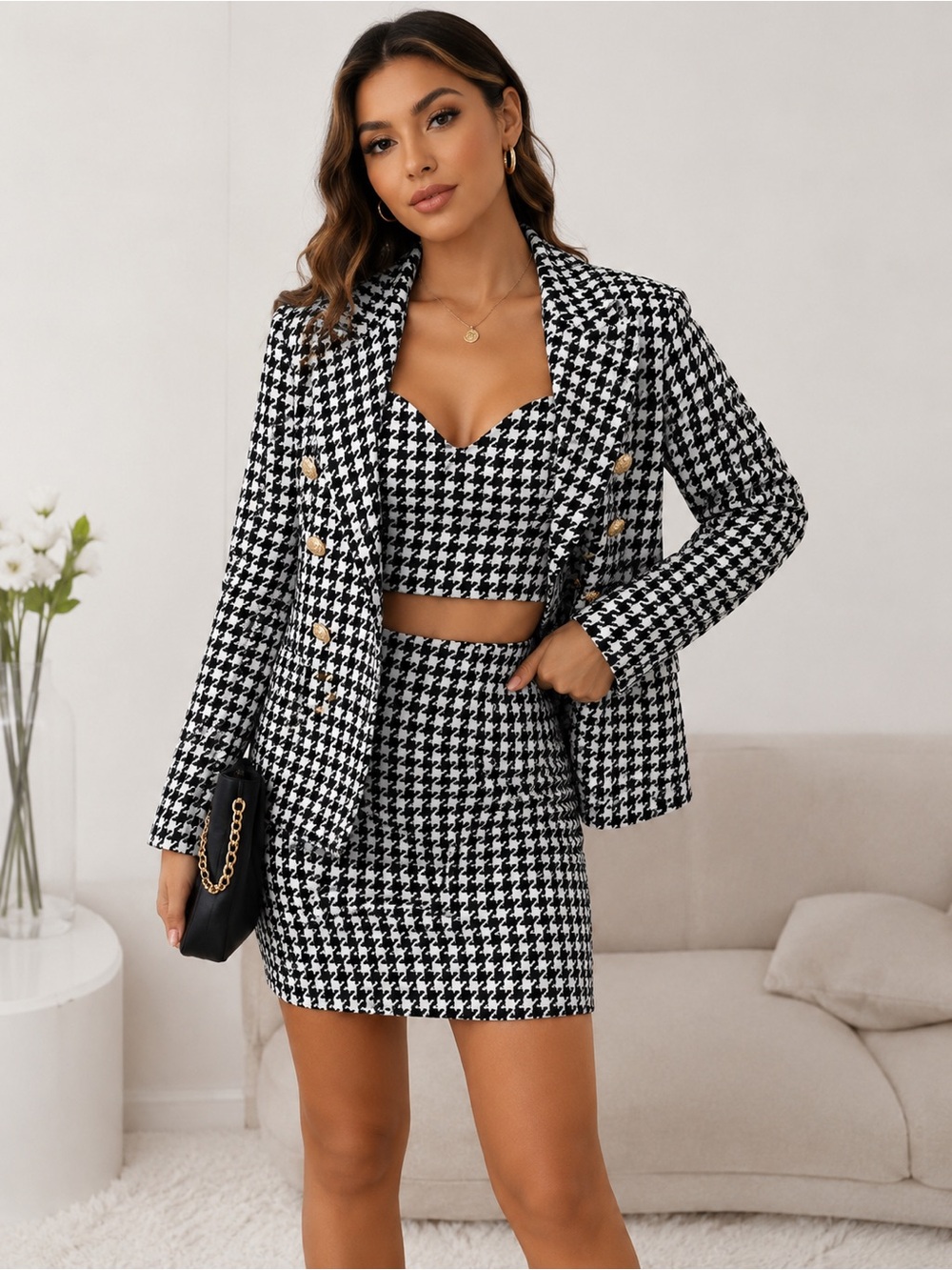 Houndstooth High-Waist Mini Skirt - Black & White